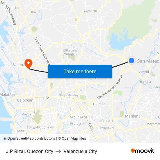 J.P Rizal, Quezon City to Valenzuela City map