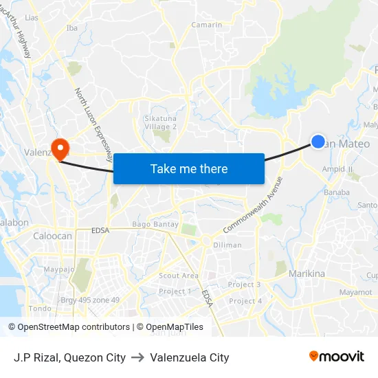 J.P Rizal, Quezon City to Valenzuela City map