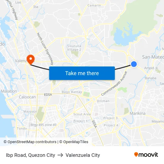 Ibp Road, Quezon City to Valenzuela City map