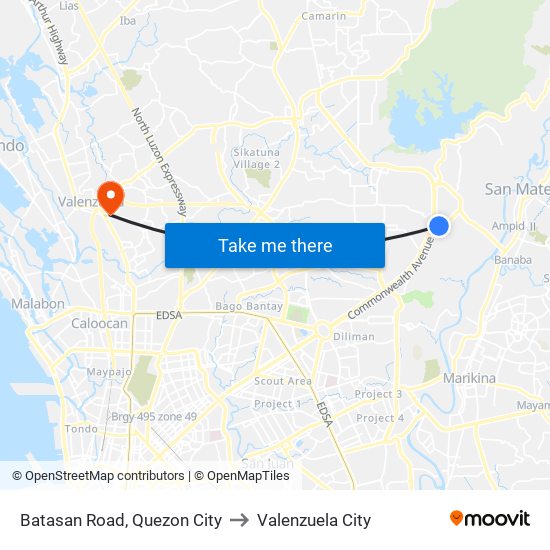 Batasan Road, Quezon City to Valenzuela City map