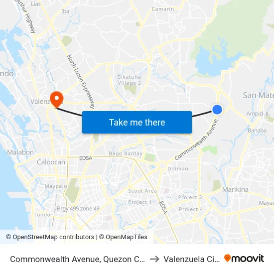 Commonwealth Avenue, Quezon City to Valenzuela City map