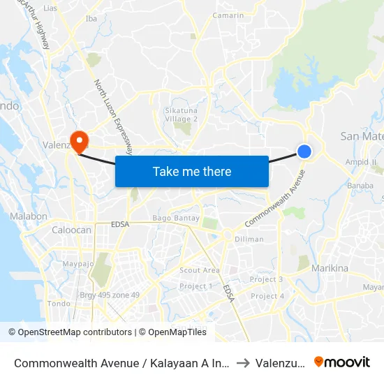 Commonwealth Avenue / Kalayaan A Intersection, Quezon City to Valenzuela City map