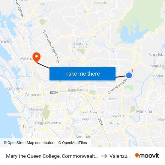 Mary the Queen College, Commonwealth Avenue, Quezon City to Valenzuela City map
