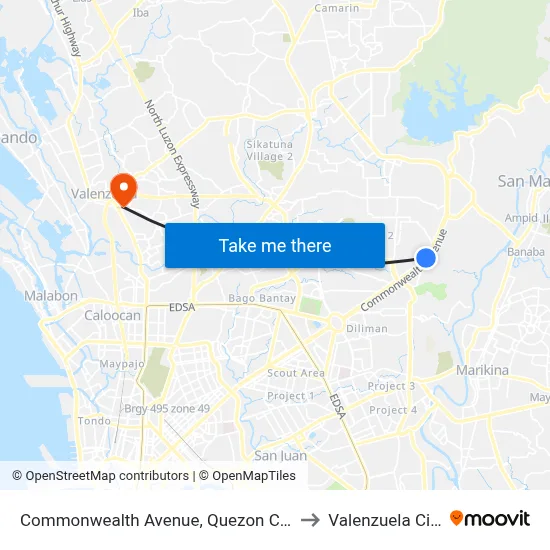 Commonwealth Avenue, Quezon City to Valenzuela City map