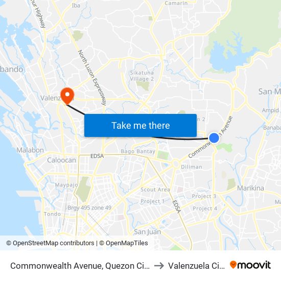 Commonwealth Avenue, Quezon City to Valenzuela City map
