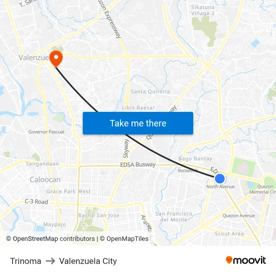 Trinoma to Valenzuela City map
