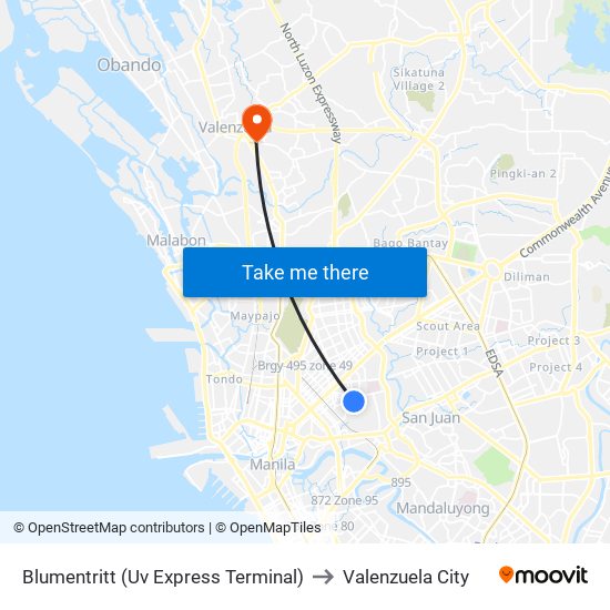 Blumentritt (Uv Express Terminal) to Valenzuela City map