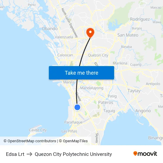 Edsa Lrt to Quezon City Polytechnic University map
