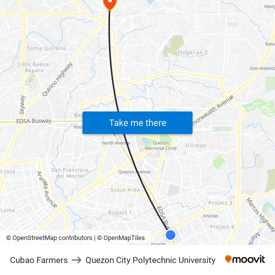 Cubao Farmers to Quezon City Polytechnic University map