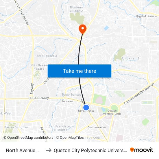 North Avenue Mrt to Quezon City Polytechnic University map