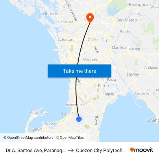 Dr A. Santos Ave, Parañaque City, Manila to Quezon City Polytechnic University map