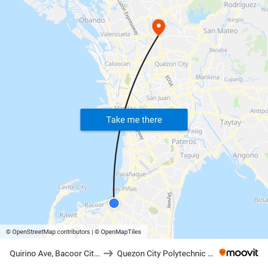 Quirino Ave, Bacoor City, Manila to Quezon City Polytechnic University map