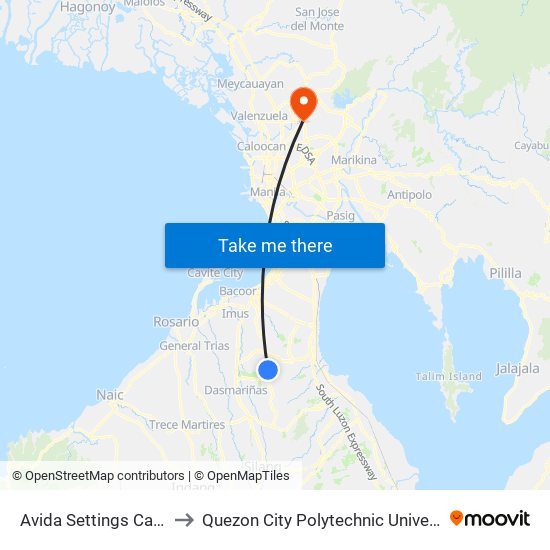 Avida Settings Cavite to Quezon City Polytechnic University map
