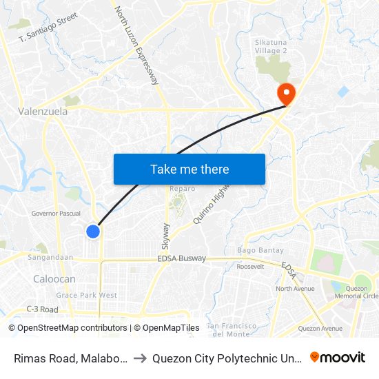 Rimas Road, Malabon City to Quezon City Polytechnic University map