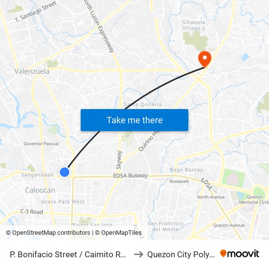 P. Bonifacio Street / Caimito Road Intersection,  Malabon City to Quezon City Polytechnic University map