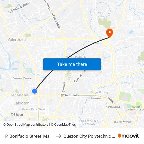 P. Bonifacio Street,  Malabon City to Quezon City Polytechnic University map