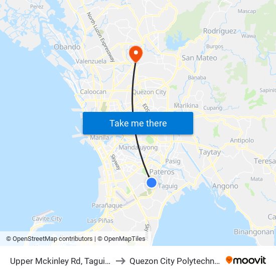 Upper Mckinley Rd, Taguig City, Manila to Quezon City Polytechnic University map