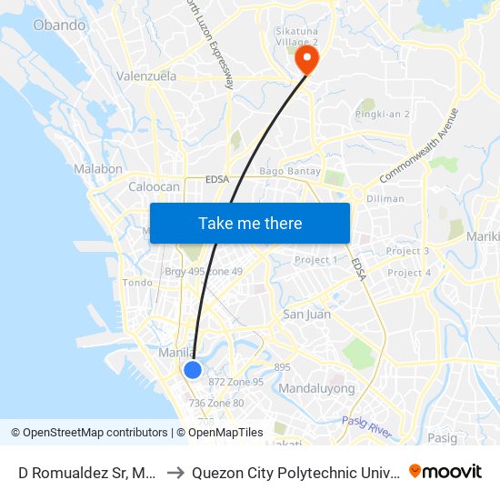 D Romualdez Sr, Manila to Quezon City Polytechnic University map