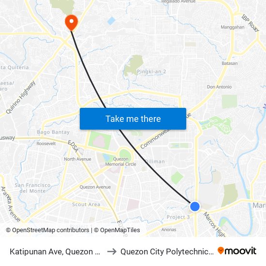 Katipunan Ave, Quezon City, Manila to Quezon City Polytechnic University map