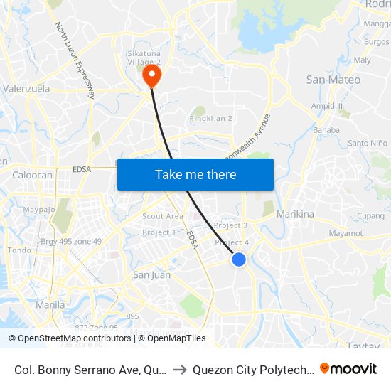 Col. Bonny Serrano Ave, Quezon City, Manila to Quezon City Polytechnic University map
