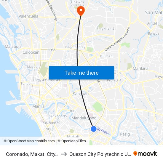 Coronado, Makati City, Manila to Quezon City Polytechnic University map