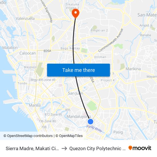 Sierra Madre, Makati City, Manila to Quezon City Polytechnic University map