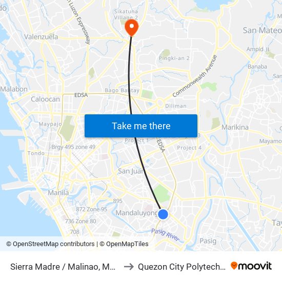 Sierra Madre / Malinao, Makati City, Manila to Quezon City Polytechnic University map