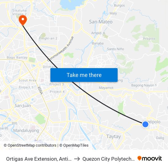 Ortigas Ave Extension, Antipolo City, Manila to Quezon City Polytechnic University map