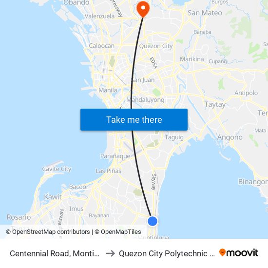 Centennial Road, Montinlupa City to Quezon City Polytechnic University map