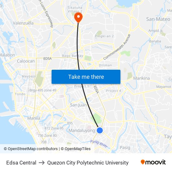 Edsa Central to Quezon City Polytechnic University map