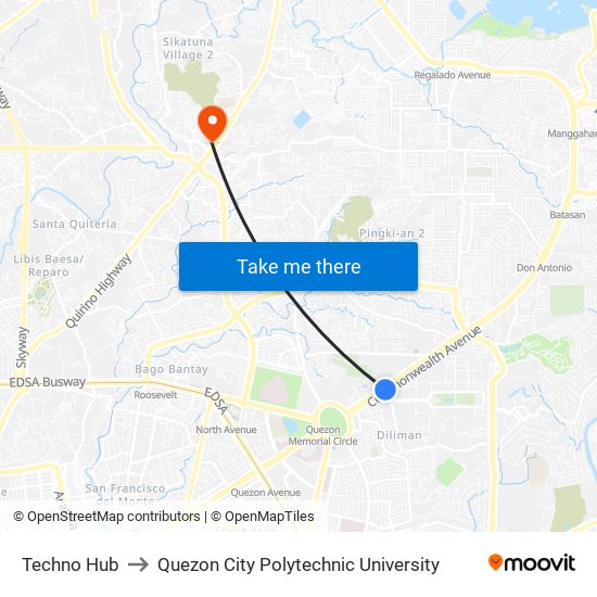 Techno Hub to Quezon City Polytechnic University map