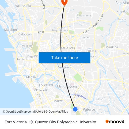 Fort Victoria to Quezon City Polytechnic University map