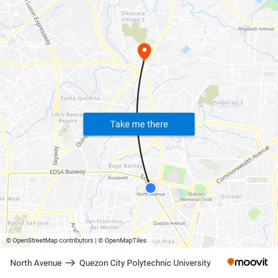 North Avenue to Quezon City Polytechnic University map