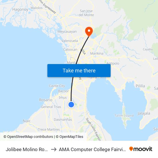 Jolibee Molino Road to AMA Computer College Fairview map