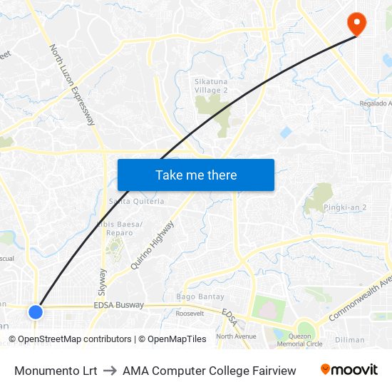 Monumento Lrt to AMA Computer College Fairview map