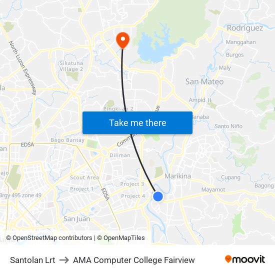 Santolan Lrt to AMA Computer College Fairview map