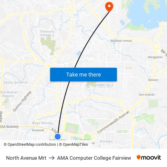 North Avenue Mrt to AMA Computer College Fairview map