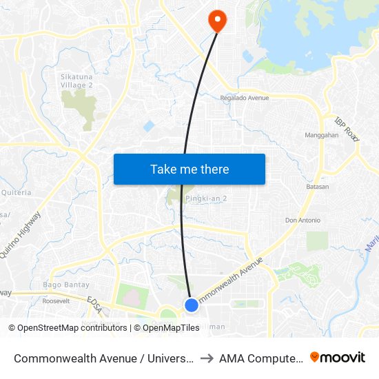 Commonwealth Avenue / University Avenue Intersection, Quezon City to AMA Computer College Fairview map
