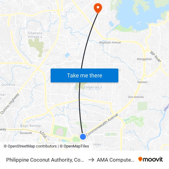 Philippine Coconut Authority, Commonwealth Avenue, Quezon City to AMA Computer College Fairview map