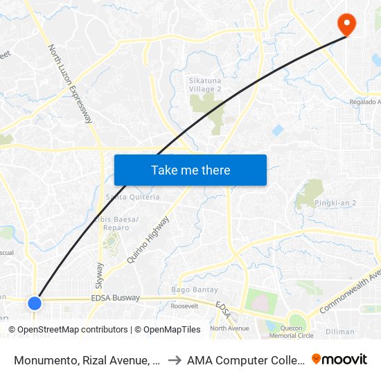 Monumento, Rizal Avenue, Caloocan City to AMA Computer College Fairview map