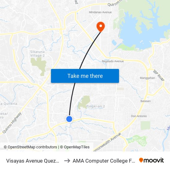 Visayas Avenue Quezon City to AMA Computer College Fairview map