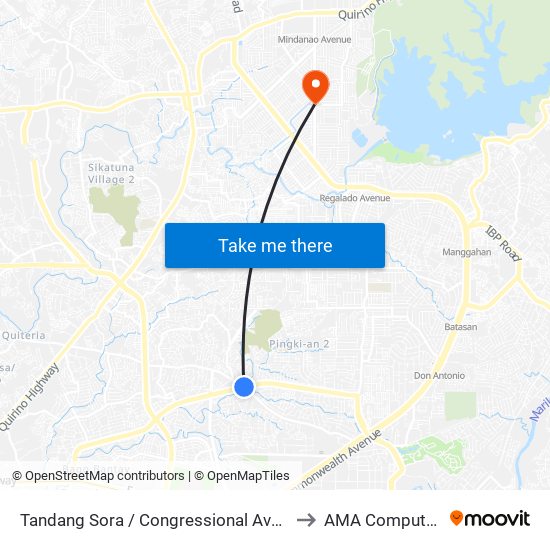 Tandang Sora / Congressional Avenue Extension Intersection, Quezon City to AMA Computer College Fairview map