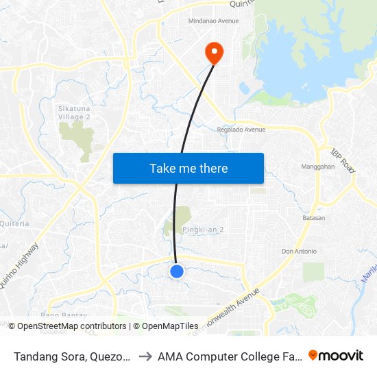 Tandang Sora, Quezon City to AMA Computer College Fairview map