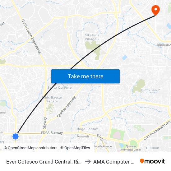 Ever Gotesco Grand Central, Rizal Avenue, Caloocan City to AMA Computer College Fairview map