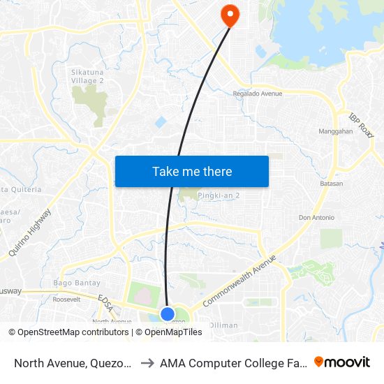North Avenue, Quezon City to AMA Computer College Fairview map