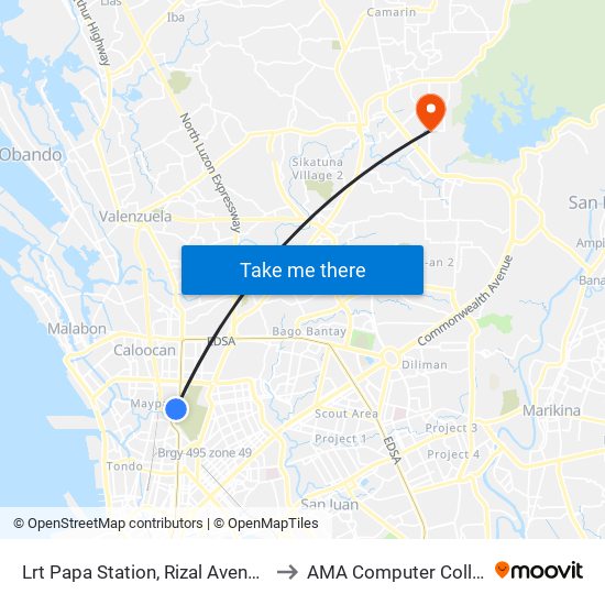 Lrt Papa Station, Rizal  Avenue, Caloocan City to AMA Computer College Fairview map