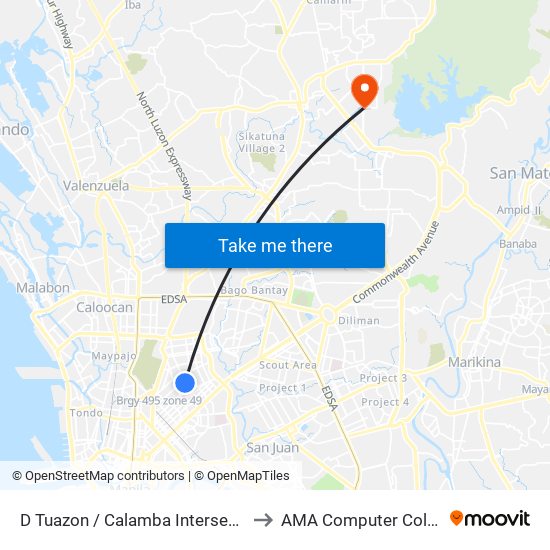 D Tuazon / Calamba Intersection, Quezon City to AMA Computer College Fairview map