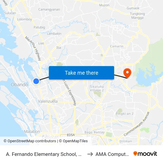 A. Fernando Elementary School, M H Del Pilar, Malanday, Valenzuela City to AMA Computer College Fairview map