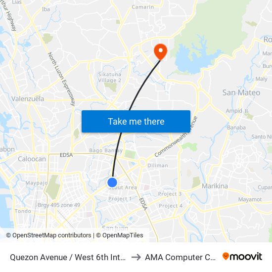 Quezon Avenue / West 6th Intersection, Quezon City to AMA Computer College Fairview map
