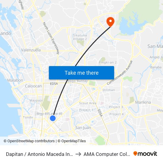 Dapitan / Antonio Maceda Intersrction, Manila to AMA Computer College Fairview map
